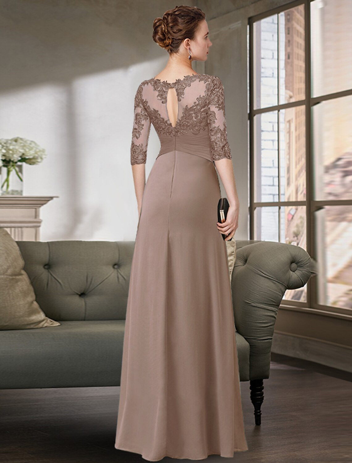 Wholesale  Sheath / Column Mother of the Bride Dress Simple Elegant Jewel Neck Floor Length Chiffon Lace Half Sleeve with Pleats Solid